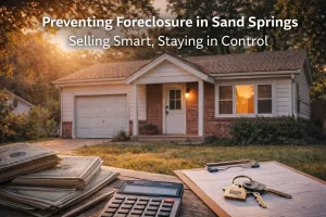 Sand Springs Oklahoma home at sunset with paperwork and keys representing homeowners selling smart to prevent foreclosure