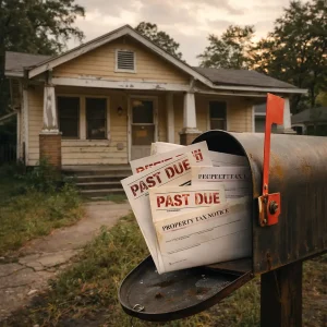 Tulsa Oklahoma home with overdue property tax notices in mailbox representing tax penalties and selling options