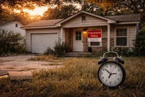 Tulsa Oklahoma home with foreclosure notice and clock symbolizing time running out for homeowners