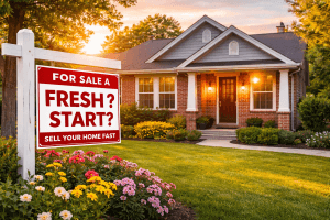 Oklahoma City brick home with for sale sign offering a fresh start and relief from property tax stress