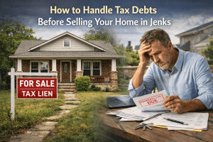 Home in Jenks with property tax lien and stressed homeowner reviewing paperwork before selling