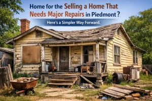Piedmont home needing major repairs with worn exterior and broken porch, illustrating a fast cash home sale opportunity