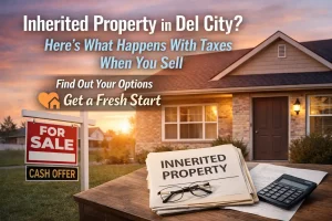 Inherited home in Del City Oklahoma with for sale sign representing homeowners selling inherited property and exploring tax considerations