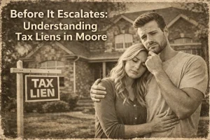 Sepia-toned photo of concerned Moore homeowners standing in front of their house with a tax lien sign, symbolizing property tax stress