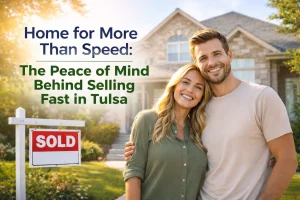 Happy Tulsa homeowners standing in front of a sold sign after a fast home sale, representing peace of mind and a smooth closing process.