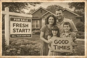Vintage sepia photo of a happy family in front of their Tulsa home with a For Sale sign symbolizing a fresh start