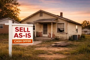 As-is home in Yukon with visible wear and a sign offering a direct cash sale, showing a property that needs repairs