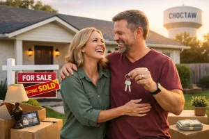 Choctaw Oklahoma inherited home sold for cash with happy homeowners holding keys in front of the house showing a smooth stress free sale