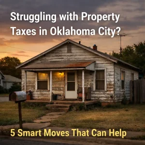 “older Oklahoma City home with visible wear and tear and sunset lighting representing homeowners struggling with property taxes and considering selling as-is”