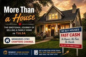 Cozy Tulsa family home at sunset with warm lighting and message about the emotional journey of selling a home and moving forward