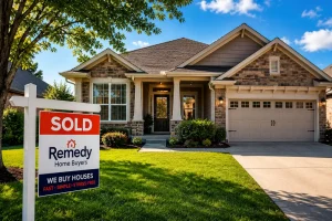 “Inherited house in Moore Oklahoma with fast cash home buyer sign in front yard”