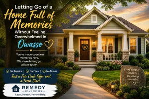 “Emotional Owasso Oklahoma family home with warm sunset lighting representing letting go of a house full of memories without stress”
