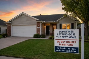 "Bethany Oklahoma home at sunset with message about selling a burdensome house quickly for cash without repairs or fees."