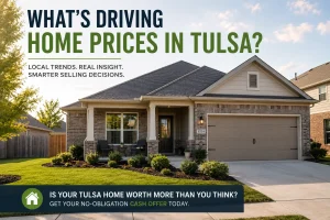 "Modern Tulsa Oklahoma home with landscaped yard illustrating local housing market trends and rising home values for homeowners considering selling."